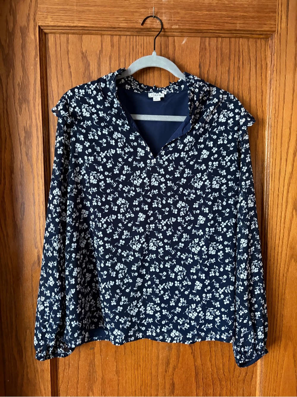 J. Crew Navy and White Floral V-Neck Long-Sleeve Blouse